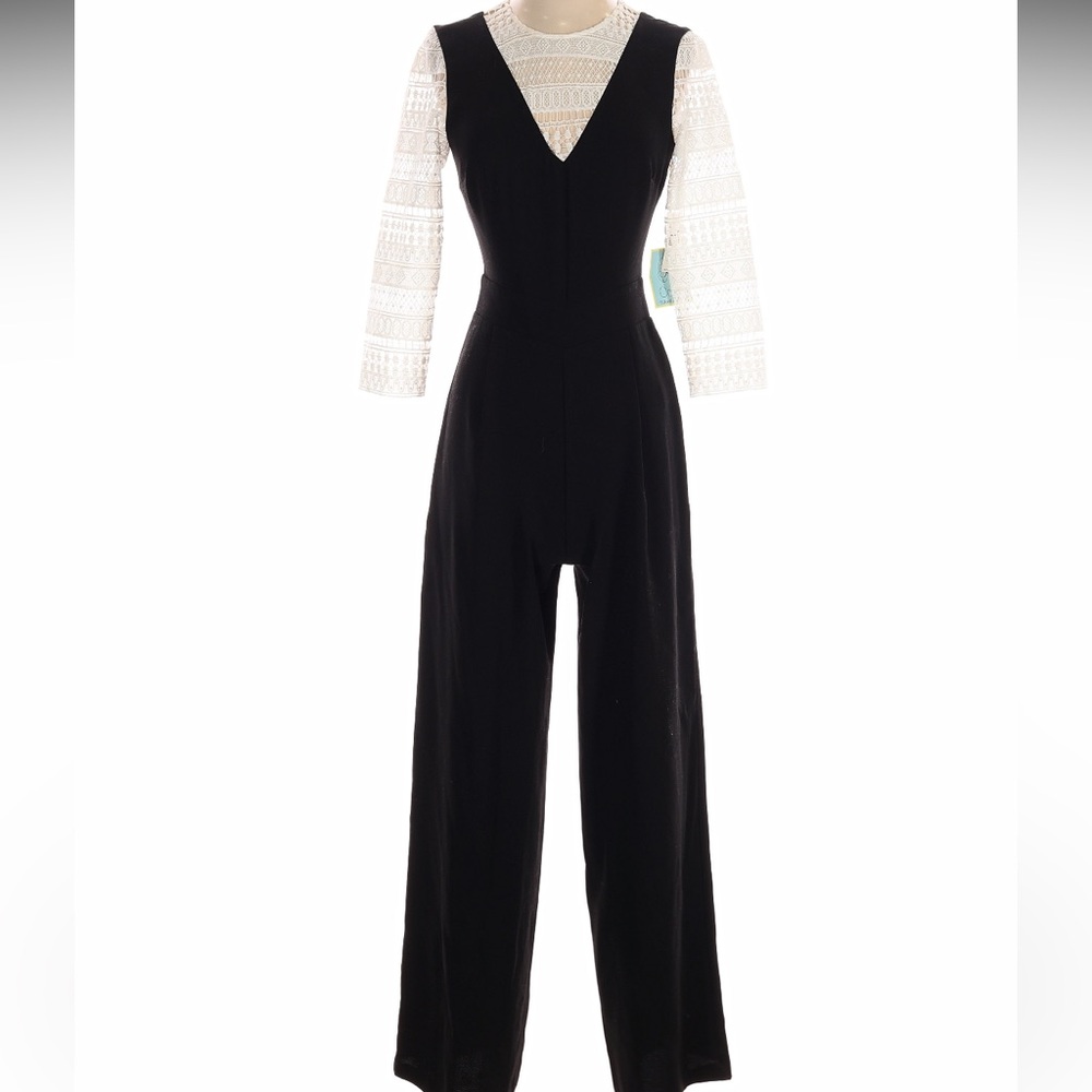CeCe Black/White V-Neck Wide-Leg Jumpsuit with Lace Sleeves Zipper Back, Women 0